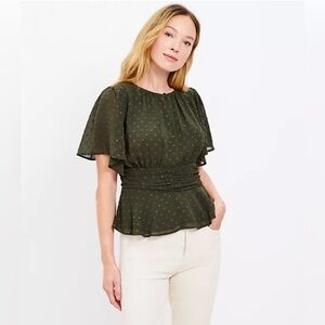 Loft Clip Dot Gathered Peplum Short Sleeve Blouse Deep Green Size 14 NWT